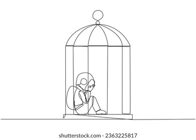 Single continuous line drawing young astronaut trapped in the cage sitting covering face. Feel utterly defeated. Trapped in a dirty business. Mentally tired. Lost. One line design vector illustration