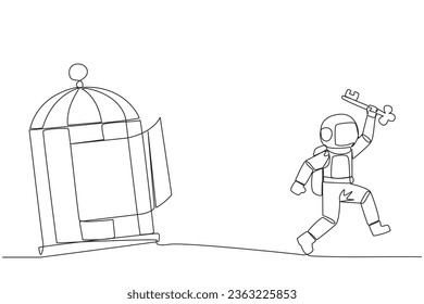 Single continuous line drawing young astronaut running out of the cage holding the key. Concept of freedom from something that binds. Freedom to advance business. One line design vector illustration