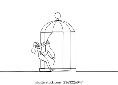 Single continuous line drawing young businesswoman pull the iron bars until dented. Describes anger. Businesswoman expressing disappointment. Unhappy. Exasperated. One line design vector illustration