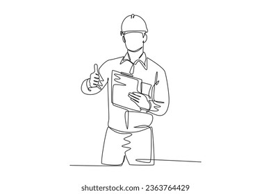 Single continuous line drawing young construction worker foreman carrying clipboard and giving thumbs up gesture. Building constructor concept. Dynamic one line draw graphic design vector illustration