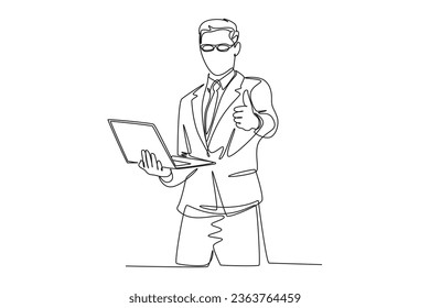 Single continuous line drawing young happy businessman stand up and carrying laptop while giving thumb up gesture. Business service excellence concept. One line draw graphic design vector illustration