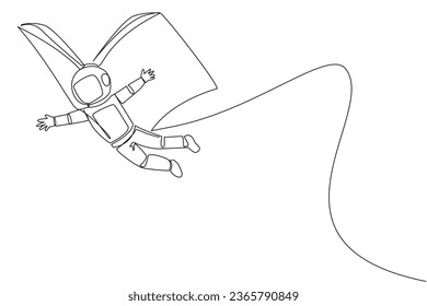 Single continuous line drawing young astronaut flying with wings that come from open big book. The metaphor carried away with the storyline. Constructive fantasy. One line design vector illustration