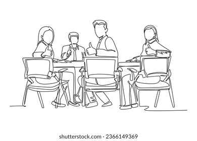 Single continuous line drawing young happy businessmen and businesswoman meeting and giving thumbs up gesture. Business presentation concept. Dynamic one line draw graphic design vector illustration