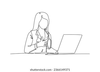 Single continuous line drawing young happy doctor woman open a laptop to write medical record and gives thumbs up gesture. Healthcare service concept. One line draw graphic design vector illustration