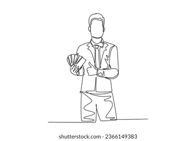 Single continuous line drawing young happy successful businessman show money paper stack and gives thumbs up gesture. Business success concept. Dynamic one line draw graphic design vector illustration