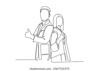 Single continuous line drawing young happy couple male and female doctor standing together and giving thumbs up gesture. Medical healthcare teamwork. One line draw graphic design vector illustration