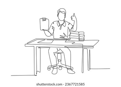 Single continuous line drawing young happy businessman show clipboard containing business contract and giving thumbs up gesture. Business deal concept. One line draw graphic design vector illustration