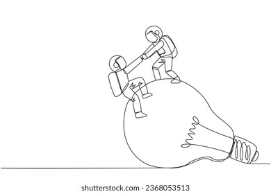 Single continuous line drawing young astronaut helps colleague climb the big lightbulb. Metaphor related to idea. Brainstorm to achieve the best brilliant ideas. One line design vector illustration