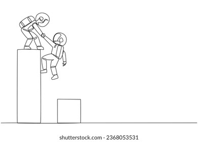 Single continuous line drawing young astronaut helps colleague climb big bar graph. Helps to climb to higher ground. Move forward and success together. Teamwork. One line design vector illustration