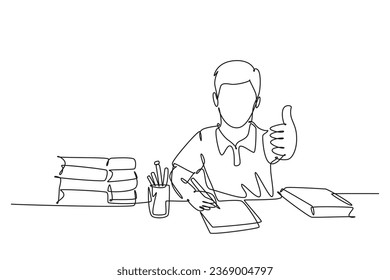 Single continuous line drawing young happy boy student study diligently beside the stack of books and giving thumbs up gesture pose. Education concept. One line draw graphic design vector illustration