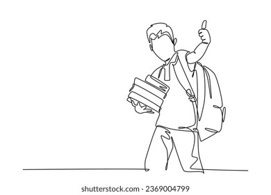 Single continuous line drawing young happy elementary school boy student carrying stack of books and giving thumbs up gesture. Kids education concept. One line draw graphic design vector illustration