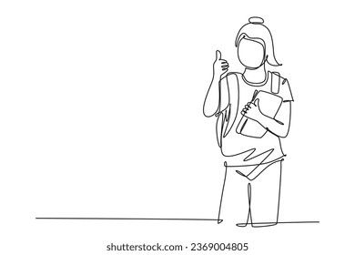 Single continuous line drawing young beauty junior high school girl student holding book and school bag and gives thumbs up gesture. Education concept. One line draw graphic design vector illustration