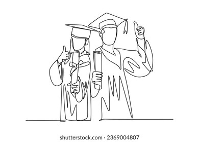 Single continuous line drawing young happy couple male and female student wearing graduation uniform, holding the diploma certificate paper. Education. One line draw graphic design vector illustration