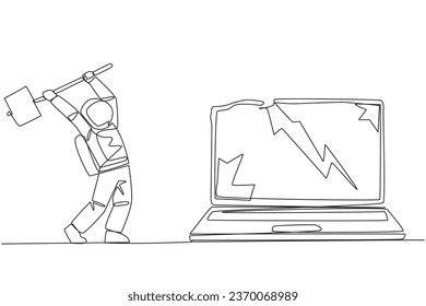 Single continuous line drawing young astronaut preparing to hit laptop. Rampage. Destroying technology that cannot used optimally. Upgrade hardware and brainware. One line design vector illustration