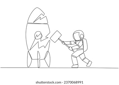 Single continuous line drawing young astronaut preparing to hit a standing rocket. Rampage. Not ready to accept new technology. Not ready for competition. Lost. One line design vector illustration