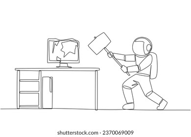 Single continuous line drawing young astronaut preparing to hit computer monitor on the work desk. Stocks that don't rise. Didn't get any profit. Anger escalated. One line design vector illustration