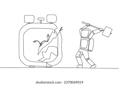 Single continuous line drawing young astronaut preparing to hit the big alarm clock. Can't manage time well. Many business opportunities disappear. Angry cosmonaut. One line design vector illustration