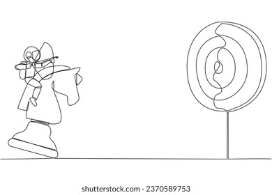 Single continuous line drawing young energetic astronaut holding archery aiming target while riding chess horse piece, strategic concept. Success business manager. One line design vector illustration
