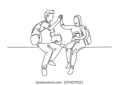 Single continuous line drawing young happy couple man and woman student sitting at chair after the class and giving high five gesture. Relationship concept. One line graphic design vector illustration