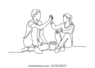 Single continuous line drawing of young happy couple male and female relaxing and spending time together eating popcorn. Romantic relationship concept. One line draw graphic design vector illustration