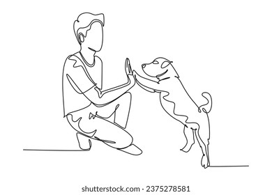 Single continuous line drawing of young happy boy giving high five gesture to his puppy dog at outfield park. Pet care and friendship concept. Dynamic one line draw graphic design vector illustration