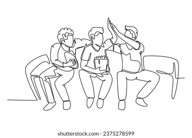 Single continuous line drawing young happy fans siting on sofa and watching their favorite club playing the match on the television. Fans club concept. One line draw graphic design vector illustration