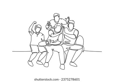 Single continuous line drawing young happy group fans siting on sofa and watching their favorite club playing the match on the television. Fans club. One line draw graphic design vector illustration