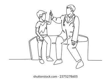 Single continuous line drawing young happy male doctor checking up sick patient boy and give high five gesture. Medical healthcare service treatment. One line draw graphic design vector illustration