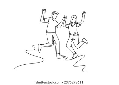 Single continuous line drawing young happy student couple jumping to celebrate their final exam result graduation together. Campus life education concept. One line graphic design vector illustration