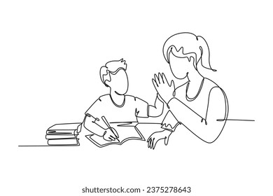 Single continuous line drawing young happy mother accompany her kid studying and reading a book while give high five gesture. Parenting family care concept. One line graphic design vector illustration