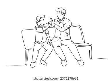 Single continuous line drawing young happy father sitting relax on wood bench next to his kid and giving high fives gesture. Parenting family concept. One line draw graphic design vector illustration
