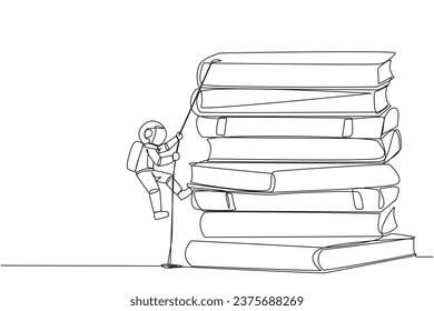 Single continuous line drawing young astronaut climbing a pile of books with a rope. Try hard to gain new knowledge for the smooth running of business. Great work. One line design vector illustration
