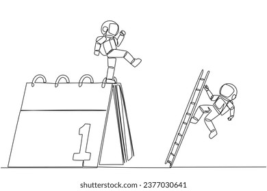 Single continuous line drawing young astronaut kicks opponent who is climbing a desk calendar with the ladder. Vacations will be canceled due to many deadlines. One line design vector illustration