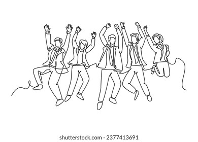 Single continuous line drawing young happy business man and business woman jumping to celebrate their successive team business. Business deal concept. One line draw graphic design vector illustration