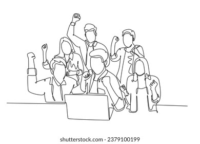 Single continuous line drawing of young happy business man and business woman sitting in front of laptop and celebrating their success. Team work goal. One line draw graphic design vector illustration