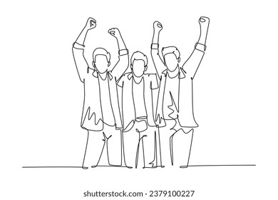 Single continuous line drawing young startup founders and CEO raised their fist into the air to celebrate their success got fund from investor. Dynamic one line draw graphic design vector illustration