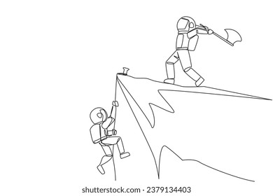 Single continuous line drawing the young astronaut climbs cliff with rope. Almost successful. Rudely dropped by a business friend. Fake partner. The worst teamwork. One line design vector illustration