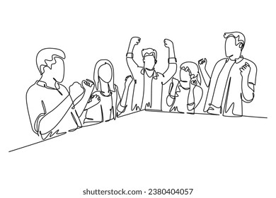 Single continuous line drawing of young happy business man and pretty business woman celebrating their success achieve business target. Team work goal. One line draw graphic design vector illustration