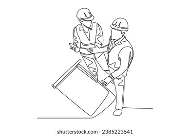 Single continuous line drawing of young architect and foreman discussing about blueprint building design. Construction planning talk concept. Dynamic one line draw graphic design vector illustration