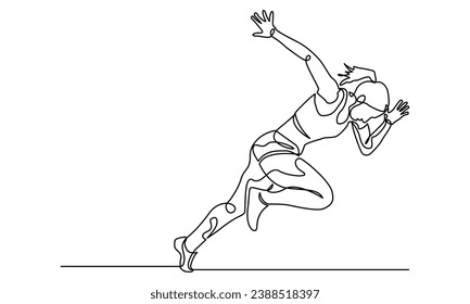 single continuous line drawing of a young woman athlete running fast.Sport running woman concept of sports, fitness, athletics, running, jogging, gym, fast run, speed, human. Vector illustration .