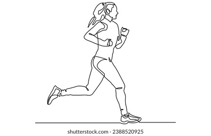 dibujo de línea continua de una joven atleta que corre rápido.El concepto de mujer deportiva que corre de deportes, fitness, atletismo, correr, correr, correr, hacer footing, gimnasia, correr rápido, velocidad, humano. Ilustración del vector.