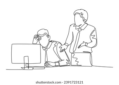 Single continuous line drawing young angry male manager asking his depressed staff for an unfinished job. Work pressure at he office concept. Dynamic one line draw graphic design vector illustration