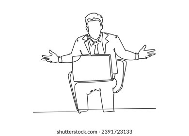 Single continuous line drawing of young confused businessman sitting on the chair and watching bad sales performance data on his laptop. Business risk. One line draw graphic design vector illustration