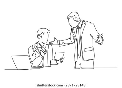 Single continuous line drawing of young upset manager asking staff about sales data performance mistakes. Work problem at the office concept. Dynamic one line draw graphic design vector illustration