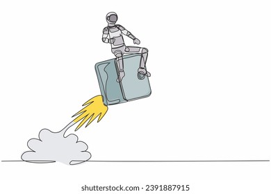 Single continuous line drawing young astronaut riding safe deposit box rocket flying in moon surface. Money protection at space company. Cosmonaut deep space. One line draw design vector illustration