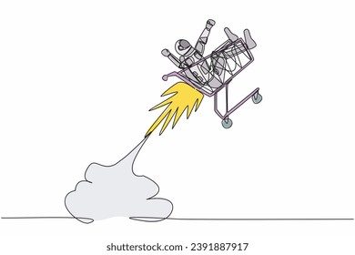 Single continuous line drawing young astronaut riding shopping trolley rocket flying in moon surface. Shop necessities for space exploration. Cosmonaut deep space. One line design vector illustration