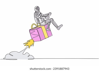 Single continuous line drawing of young astronaut riding gift box rocket flying in moon surface. Fast delivery between galaxy. Cosmonaut deep space. Dynamic one line graphic design vector illustration