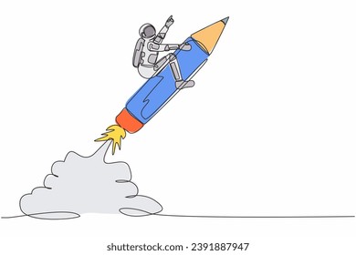 Single continuous line drawing young astronaut riding pencil rocket flying in moon surface. Education to realize spaceship technology. Cosmonaut deep space. One line graphic design vector illustration