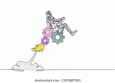 Single continuous line drawing of young astronaut riding gear rocket flying in moon surface. Problem solving mechanisms in space company. Cosmonaut deep space. One line draw design vector illustration