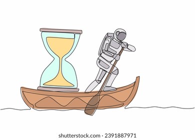 Single continuous line drawing young astronaut sailing away on boat with hourglass. Mission deadline in spaceship exploration. Cosmonaut deep space concept. One line graphic design vector illustration